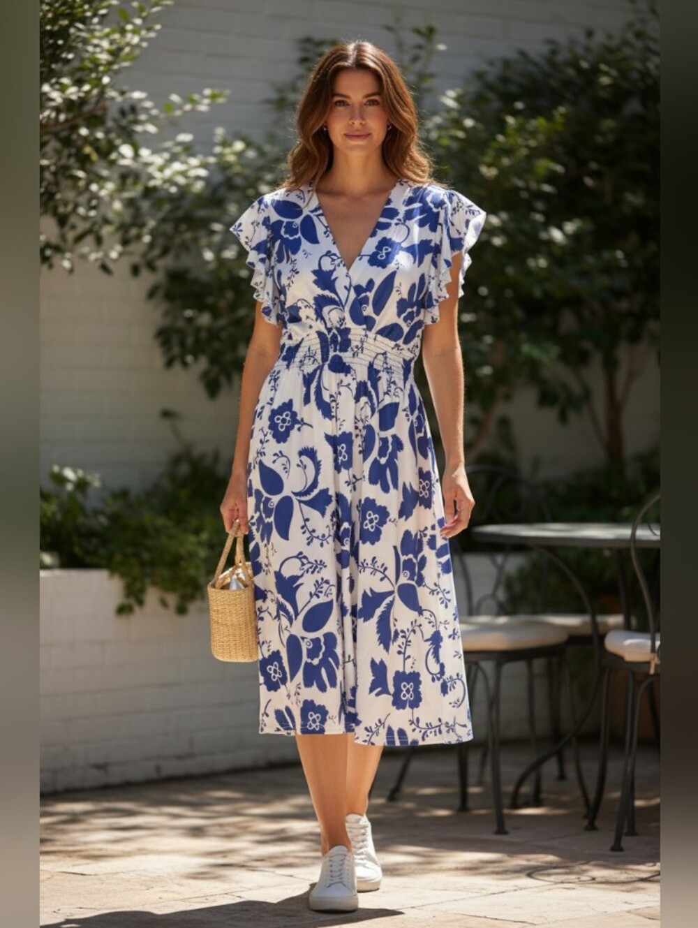 Anna Morgan Blue White Floral Fit & Flare Knee Length Flutter Sleeve Dress
